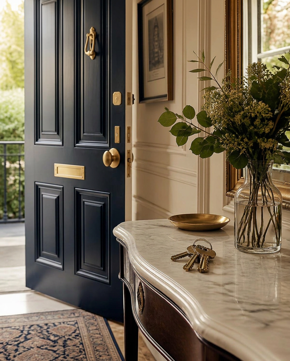 Elegant entryway of a restored urban home with brass hardware and house keys